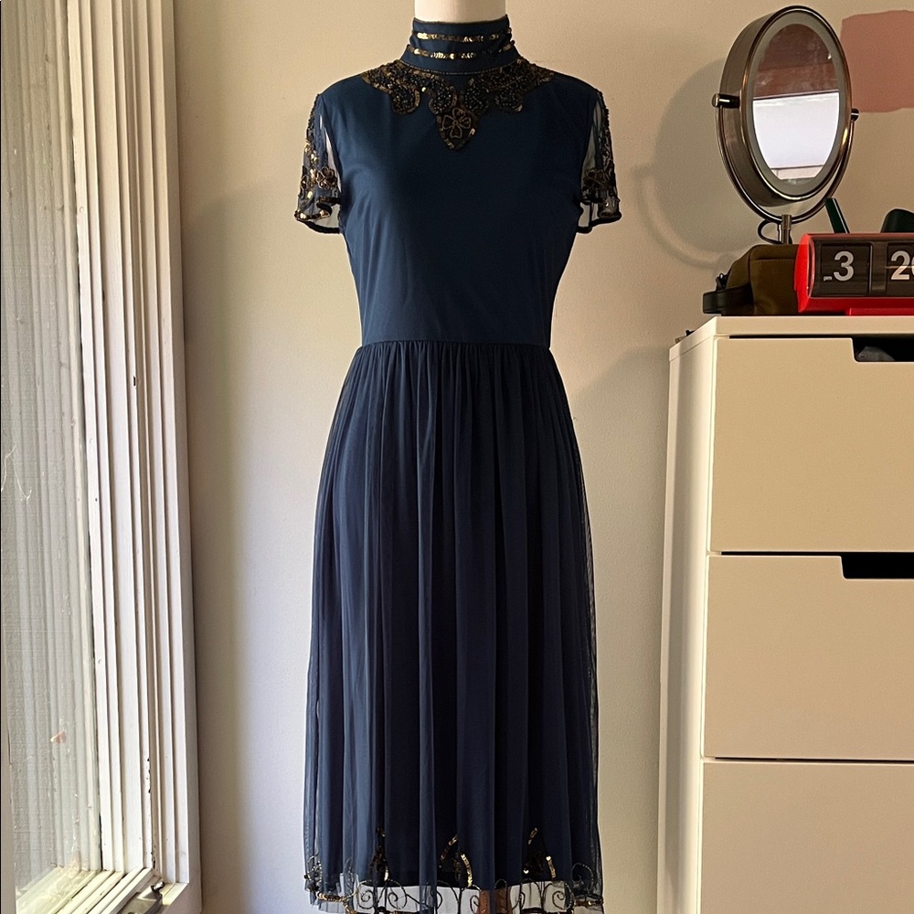 Navy Midi Dress with Beadwork and Tulle